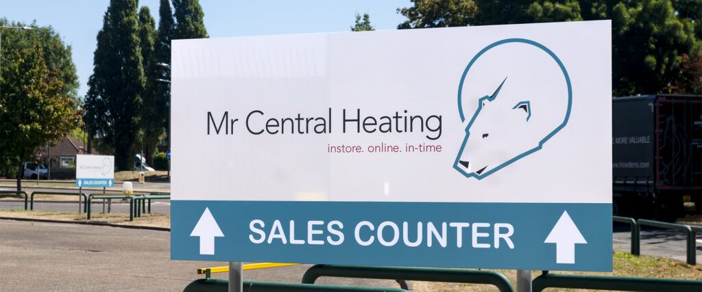 Sales entrance waypoint post signs at Mr Central Heating, Erith