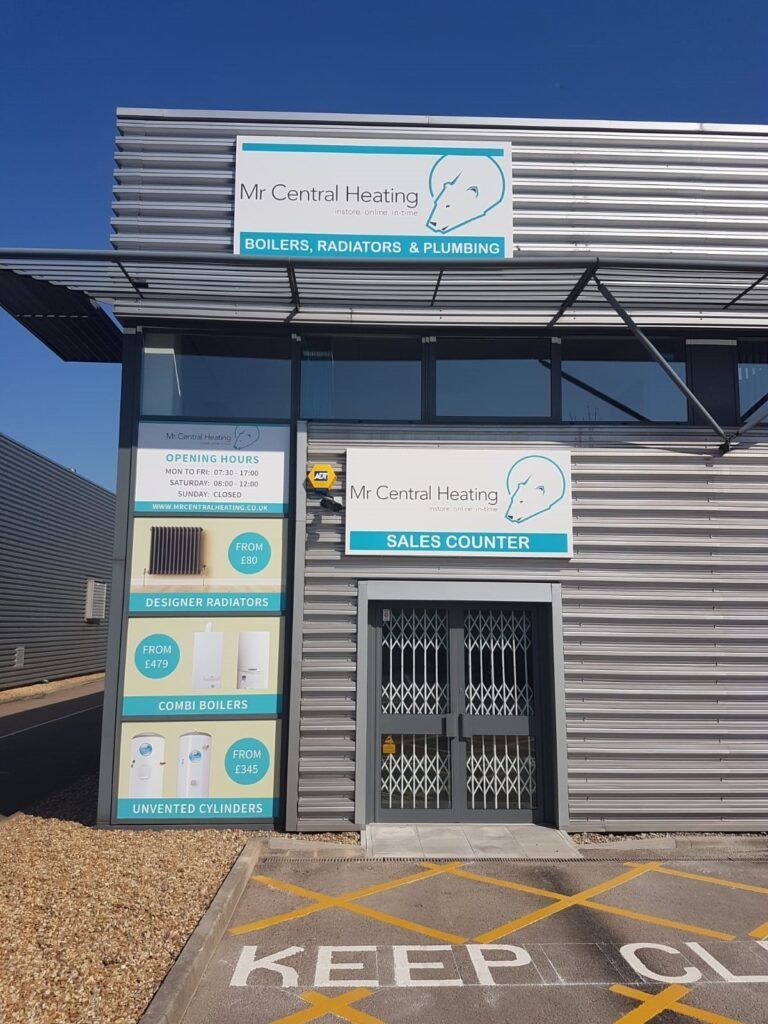 Aluminium composite and flex signs, with window graphics at Mr Central Heating, Portsmouth